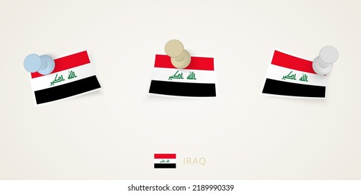 Pinned flag of Iraq in different shapes with twisted corners. Vector pushpins top view. Flag set.