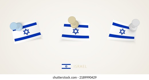 Pinned flag of Israel in different shapes with twisted corners. Vector pushpins top view. Flag set.