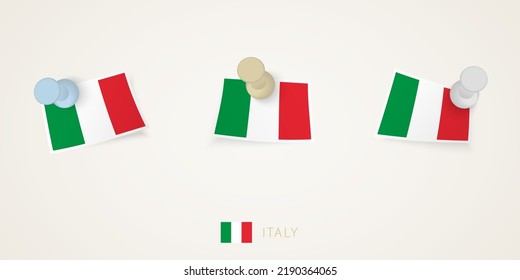 Pinned flag of Italy in different shapes with twisted corners. Vector pushpins top view. Flag set.