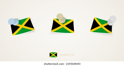 Pinned flag of Jamaica in different shapes with twisted corners. Vector pushpins top view. Flag set.