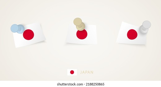 Pinned flag of Japan in different shapes with twisted corners. Vector pushpins top view. Flag set.