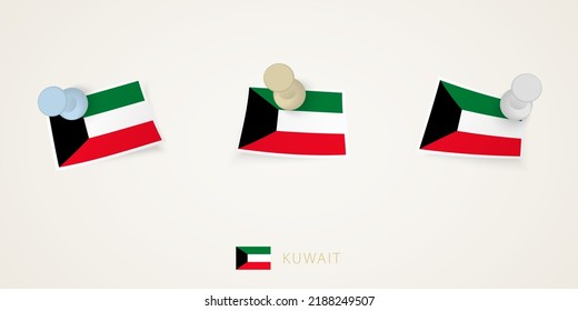 Pinned flag of Kuwait in different shapes with twisted corners. Vector pushpins top view. Flag set.