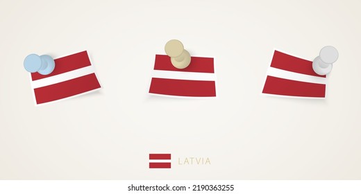 Pinned flag of Latvia in different shapes with twisted corners. Vector pushpins top view. Flag set.