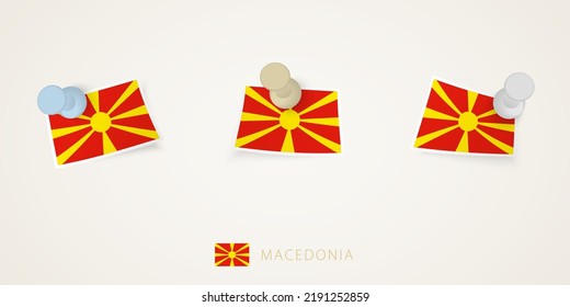 Pinned flag of Macedonia in different shapes with twisted corners. Vector pushpins top view. Flag set.
