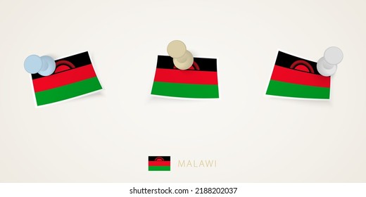 Bandera enclavada de Malawi en diferentes formas con esquinas torcidas. El vector supera la vista superior. Juego de marcas.