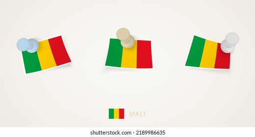 Pinned flag of Mali in different shapes with twisted corners. Vector pushpins top view. Flag set.