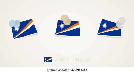 Pinned flag of Marshall Islands in different shapes with twisted corners. Vector pushpins top view. Flag set.