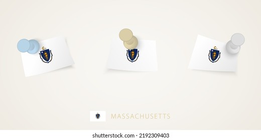 Pinned flag of Massachusetts in different shapes with twisted corners. Vector pushpins top view. Flag set.