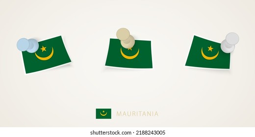 Bandera enclavada de Mauritania en diferentes formas con esquinas torcidas. El vector supera la vista superior. Juego de marcas.