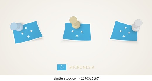 Pinned flag of Micronesia in different shapes with twisted corners. Vector pushpins top view. Flag set.