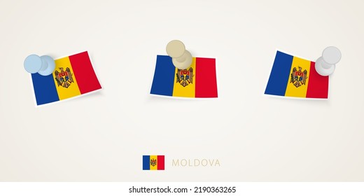 Pinned flag of Moldova in different shapes with twisted corners. Vector pushpins top view. Flag set.