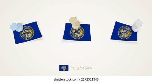 Pinned flag of Nebraska in different shapes with twisted corners. Vector pushpins top view. Flag set.