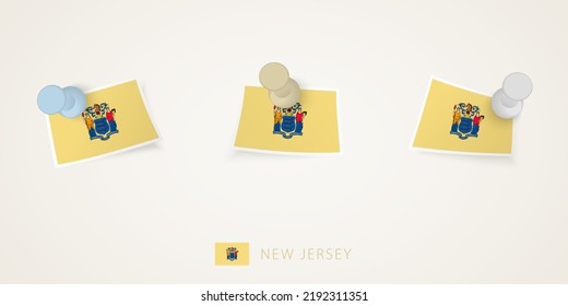 Pinned flag of New Jersey in different shapes with twisted corners. Vector pushpins top view. Flag set.