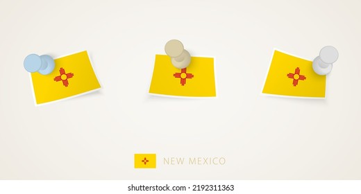 Pinned flag of New Mexico in different shapes with twisted corners. Vector pushpins top view. Flag set.