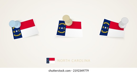 Pinned flag of North Carolina in different shapes with twisted corners. Vector pushpins top view. Flag set.
