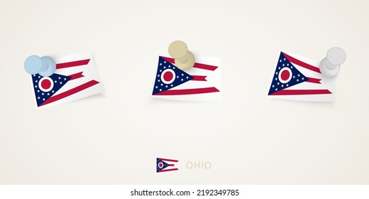 Pinned flag of Ohio in different shapes with twisted corners. Vector pushpins top view. Flag set.