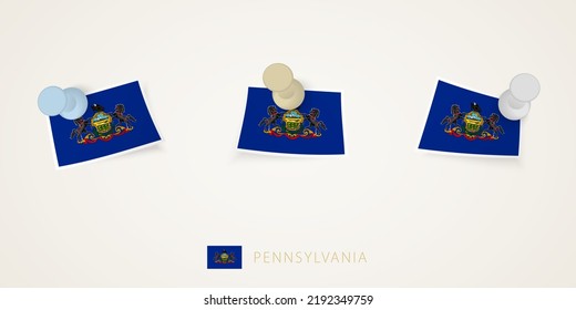Pinned flag of Pennsylvania in different shapes with twisted corners. Vector pushpins top view. Flag set.