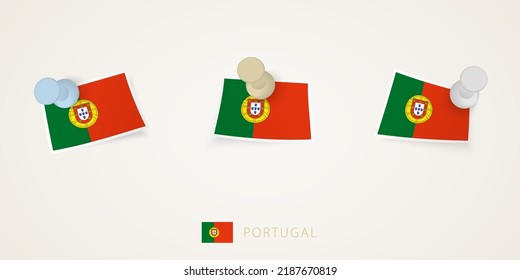 Pinned flag of Portugal in different shapes with twisted corners. Vector pushpins top view. Flag set.