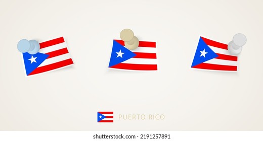 Pinned flag of Puerto Rico in different shapes with twisted corners. Vector pushpins top view. Flag set.