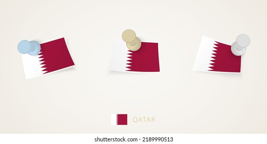 Pinned flag of Qatar in different shapes with twisted corners. Vector pushpins top view. Flag set.