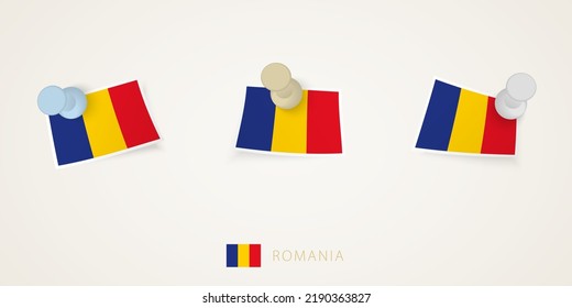 Pinned flag of Romania in different shapes with twisted corners. Vector pushpins top view. Flag set.