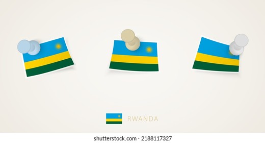 Pinned flag of Rwanda in different shapes with twisted corners. Vector pushpins top view. Flag set.