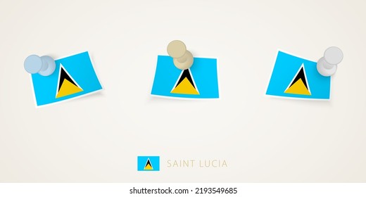Pinned flag of Saint Lucia in different shapes with twisted corners. Vector pushpins top view. Flag set.