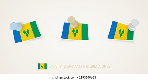 Pinned flag of Saint Vincent and the Grenadines in different shapes with twisted corners. Vector pushpins top view. Flag set.
