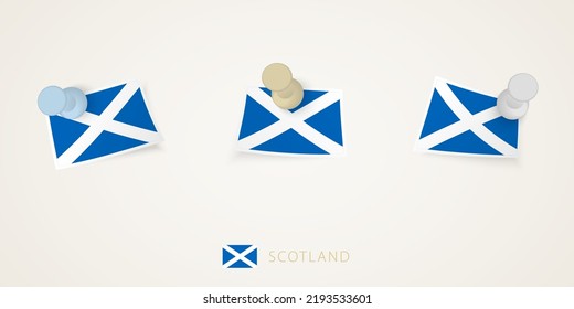 Pinned flag of Scotland in different shapes with twisted corners. Vector pushpins top view. Flag set.