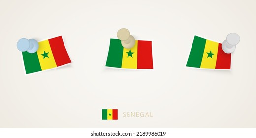 Pinned flag of Senegal in different shapes with twisted corners. Vector pushpins top view. Flag set.