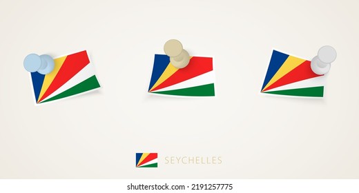 Bandera enclavada de las Seychelles en diferentes formas con esquinas torcidas. El vector supera la vista superior. Juego de marcas.