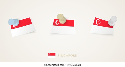 Pinned flag of Singapore in different shapes with twisted corners. Vector pushpins top view. Flag set.