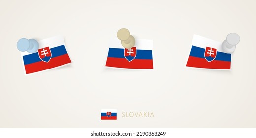 Pinned flag of Slovakia in different shapes with twisted corners. Vector pushpins top view. Flag set.