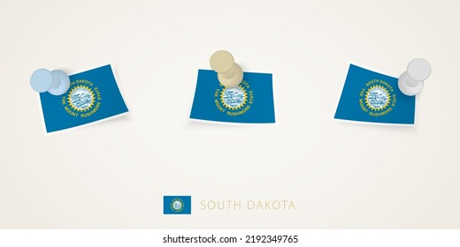 Pinned flag of South Dakota in different shapes with twisted corners. Vector pushpins top view. Flag set.