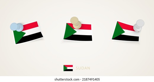 Pinned flag of Sudan in different shapes with twisted corners. Vector pushpins top view. Flag set.