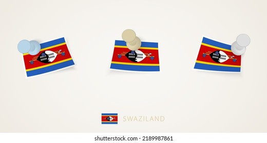 Pinned flag of Swaziland in different shapes with twisted corners. Vector pushpins top view. Flag set.