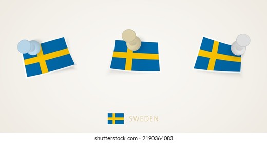Pinned flag of Sweden in different shapes with twisted corners. Vector pushpins top view. Flag set.