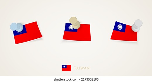 Pinned flag of Taiwan in different shapes with twisted corners. Vector pushpins top view. Flag set.