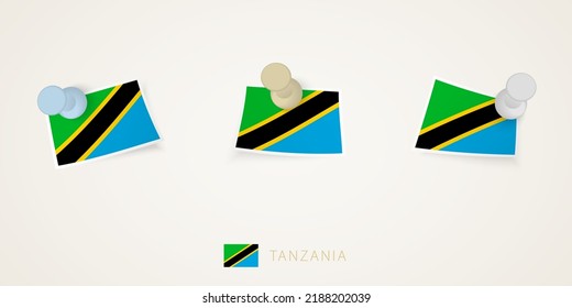 Pinned flag of Tanzania in different shapes with twisted corners. Vector pushpins top view. Flag set.