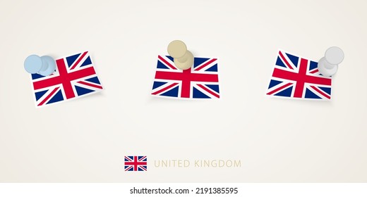 Pinned flag of United Kingdom in different shapes with twisted corners. Vector pushpins top view. Flag set.