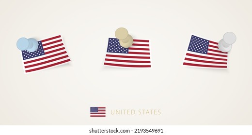 Fahne aus den USA in verschiedenen Formen mit verdrehten Ecken. Vektor schiebt Stifte Draufsicht. Flag-Set.