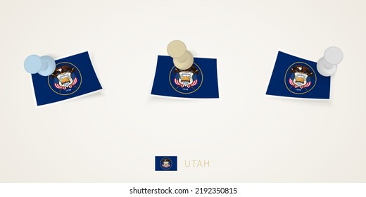 Pinned flag of Utah in different shapes with twisted corners. Vector pushpins top view. Flag set.