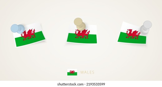 Pinned flag of Wales in different shapes with twisted corners. Vector pushpins top view. Flag set.
