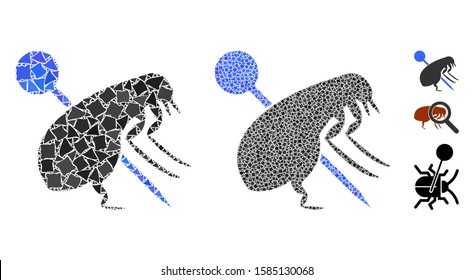 Pinned flea icon mosaic of irregular pieces in various sizes and shades, based on pinned flea icon. Vector irregular dots are united into mosaic. Pinned flea icons collage with dotted pattern.