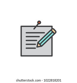 Pinned message and pen filled outline icon, line vector sign, linear colorful pictogram isolated on white. Note paper with pencil symbol, logo illustration. Pixel perfect vector graphics