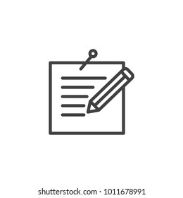 Pinned message and pen line icon, outline vector sign, linear style pictogram isolated on white. Note paper with pencil symbol, logo illustration. Editable stroke