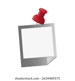 Pinned note icon. Paper reminder element. Red push pin. Memo vector paper.