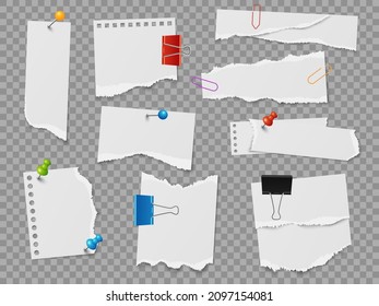 Pinned note paper. Realistic stationery elements. 3D pages with ragged edges attached with buttons and clips. Sheets scraps on transparent noticeboard. Vector reminder