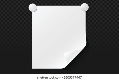 Pinned paper vector with a white sheet on a dark checkered transparent background. Realistic 3D paper with curled edges, perfect for office designs, pinned notes, or vector illustrations with a tactil