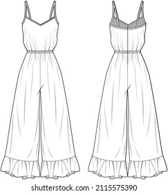 Pinny Jumpsuit, Strappy Jumpsuit con Frill Hem Front and Back View. Ilustración de moda, vector, CAD, dibujo técnico, plano.